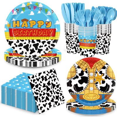 Detanpoly 192pcs Cartoon Story Paper Plates Napkins Toy Birthday Party Supplies Blue Sky Cloud Disposable Tableware Set for Kids Birthday Party Decorations Serve 24 Guests