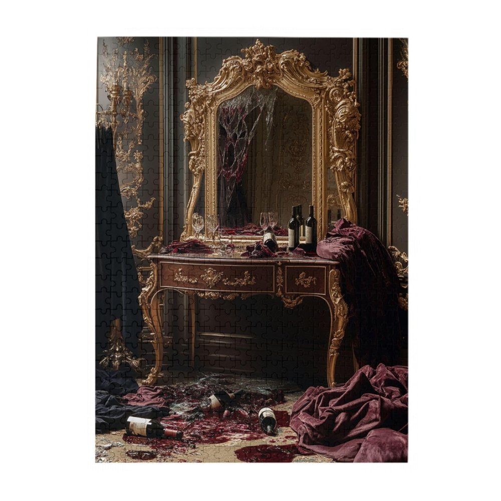 RMYRHQ Dark Romantic Broken Mirror&Wine-Stained Vanity Wooden Jigsaw Puzzles for Adults 500pieces Ornate Gold Dressing Table Wood Puzzle Suitable for Fall Festivals New Year and Wedding Presents