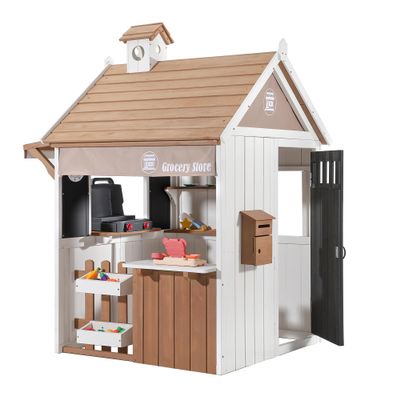 Aivello 2-in-1 Kids Outdoor Playhouse, Cedar Wooden Grocery Store and Backyard Grill Station, Includes Play Food Cash Register Chalkboard and Mailbox, Imaginary Role Play Set for Kids Ages 3-6