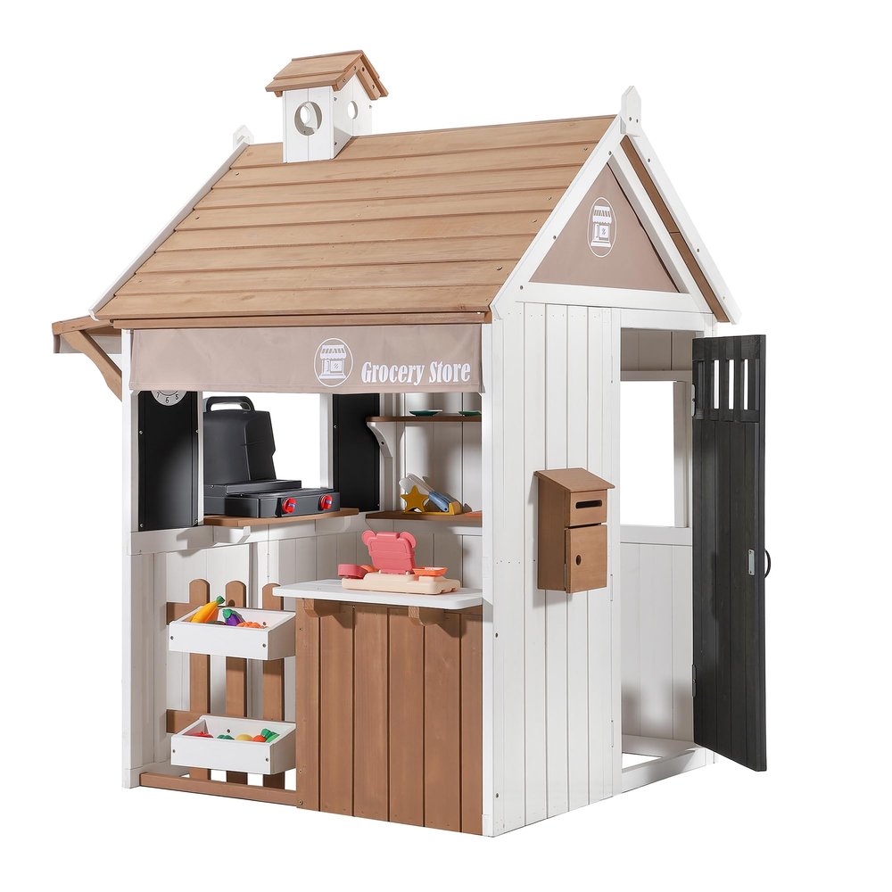 Aivello 2-in-1 Kids Outdoor Playhouse, Cedar Wooden Grocery Store and Backyard Grill Station, Includes Play Food Cash Register Chalkboard and Mailbox, Imaginary Role Play Set for Kids Ages 3-6