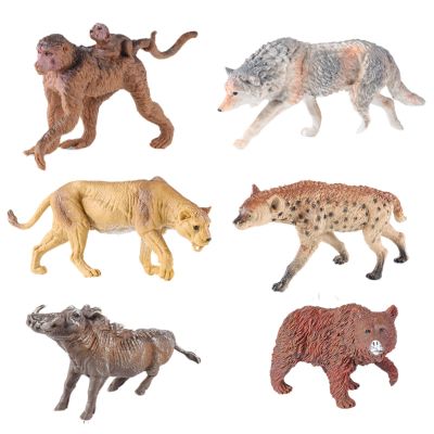 AENIMELY 6PCS Wild Animal Figurines Set Hollow Jungle Safari Animals with Monkey Cub, Gray Wolf, Lion Science Display, Cake Toppers Decor