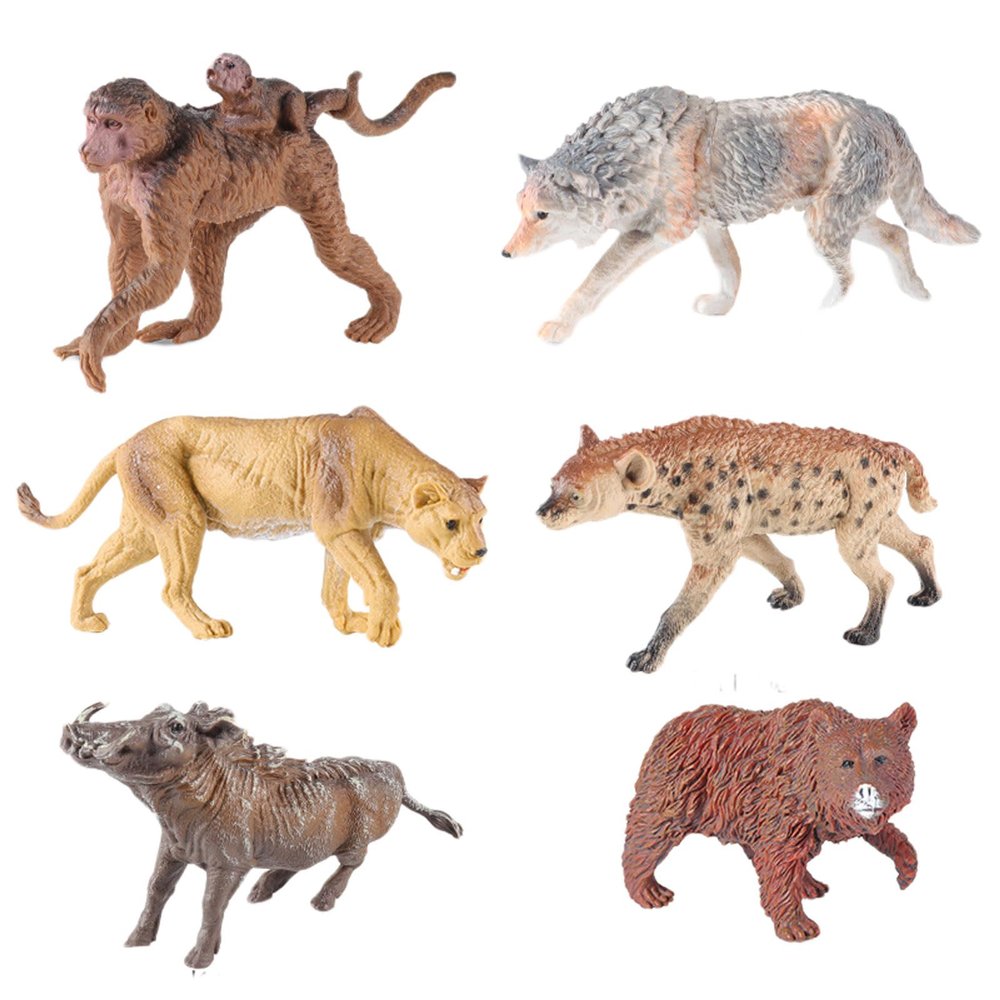 AENIMELY 6PCS Wild Animal Figurines Set Hollow Jungle Safari Animals with Monkey Cub, Gray Wolf, Lion Science Display, Cake Toppers Decor