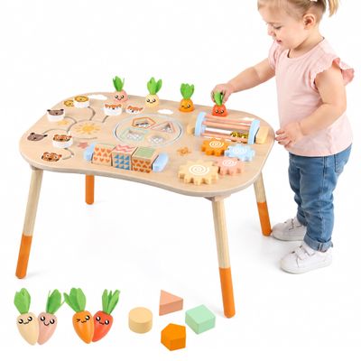 Ranqibo Wooden Activity Table, 6-in-1 Montessori Activity Table for Toddlers, Activity Center for Babies Aged 13, Sensory Toys, for Boys and Girls 1+ Years Old