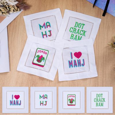 BruinBang 8 Pcs Mahjong Embroidered Napkins, 6 x 6 in Linen White Cocktail Napkins with Letter Patterns, Mahjong Cloth Coasters for Party Game Night Bridal Shower Bar Favor Table Decoration Gift