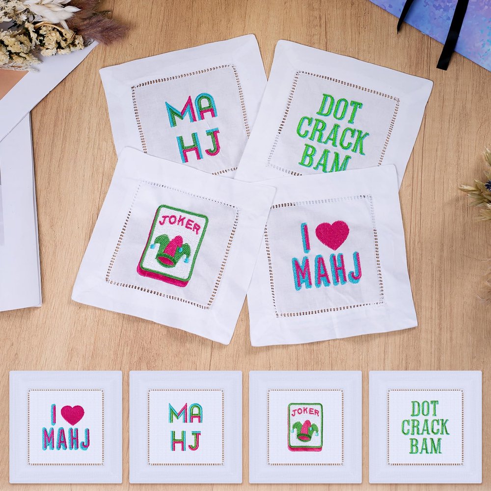 BruinBang 8 Pcs Mahjong Embroidered Napkins, 6 x 6 in Linen White Cocktail Napkins with Letter Patterns, Mahjong Cloth Coasters for Party Game Night Bridal Shower Bar Favor Table Decoration Gift