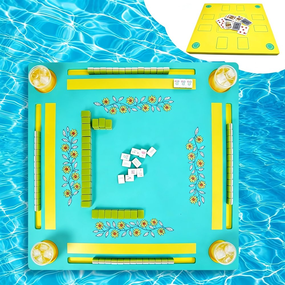 3tyto Floating Mahjong Table for Pool, Double-Sided Floating Mahjong Table with Tile Grooves & Cup Holders, Multi-Game Floating Mahjong Set for Pool for Mahjong, Poker & Dominoes