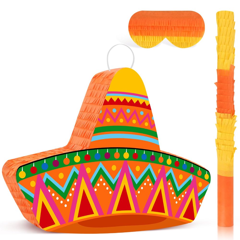 Adecortalk Mexican Sombrero Hat Pinata Mexican Themed Party Pinata Cinco De Mayo Pinata with Stick Blindfold for Cinco De Mayo Fiesta Carnival Birthday Party Games Supplies, 16.1x11.8x3.2 Inches