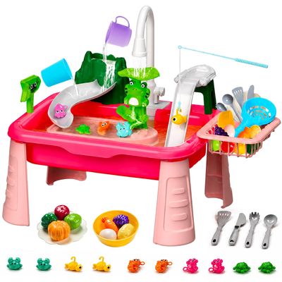 Kids Water Table, 4-in-1 Indoor Outdoor Toy with Running Water Sink, Fishing Game, Kitchen Playset & Slide, Sensory Activity Table for Toddlers 1-4 Years Old, Backyard Beach Camping Water Toy Gift