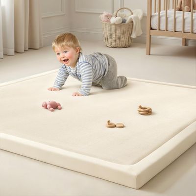 Goyuu Ultra Soft 1.3" Thick Baby Play Mat for Floor, 79x79 Playpen Mat Elasti-Foam Padded Crawling Mat for Babies, Toddlers, Infant, Kids, Non-Slip Backing Safe for Tummy Time, Beige