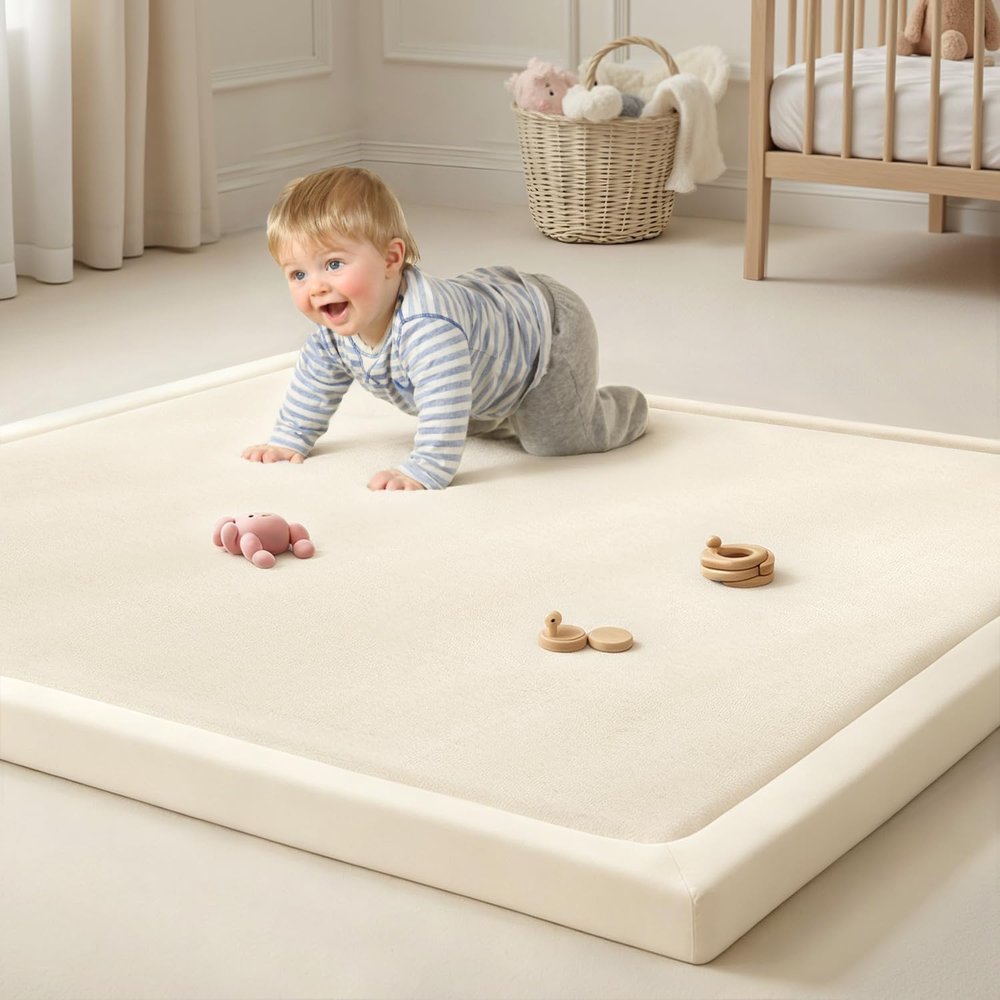 Goyuu Ultra Soft 1.3" Thick Baby Play Mat for Floor, 79x79 Playpen Mat Elasti-Foam Padded Crawling Mat for Babies, Toddlers, Infant, Kids, Non-Slip Backing Safe for Tummy Time, Beige