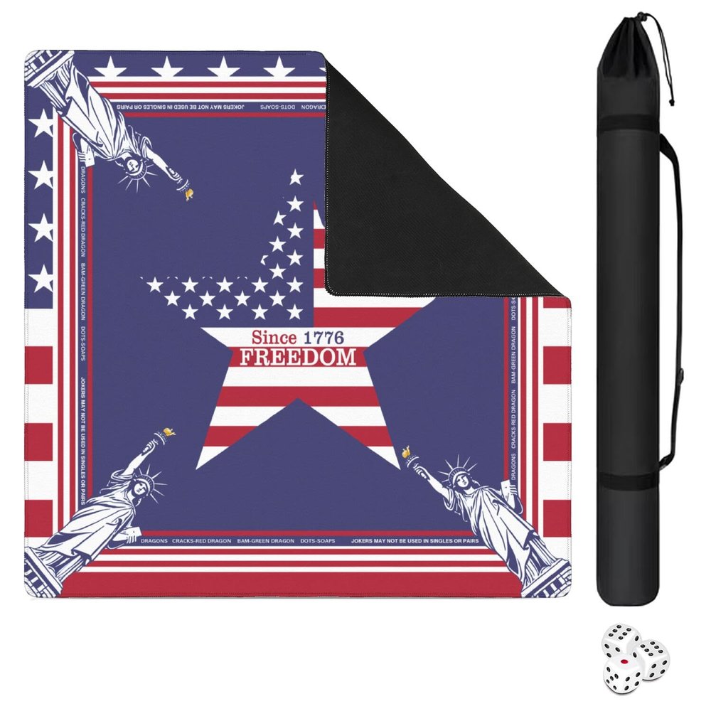 250th America Mahjong Mat for Table, 31.5 * 31.5in Anti Slip Mahjong Table Cloth, Noise Reduction, Neoprene Mah jongg Mat with Carrying Bag & 3 Dices, Poker Board Tile Games Mats, Blue