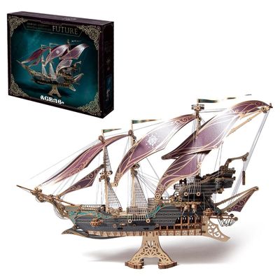 XMalNexity 3D Steampunk Pirate Ship Puzzle,Wooden DIY Model Kit with Mortise-Tenon Bamboo Craft, Home Office Desk Decor, Ideal for Adult Collectors (Purple) 400+PCS