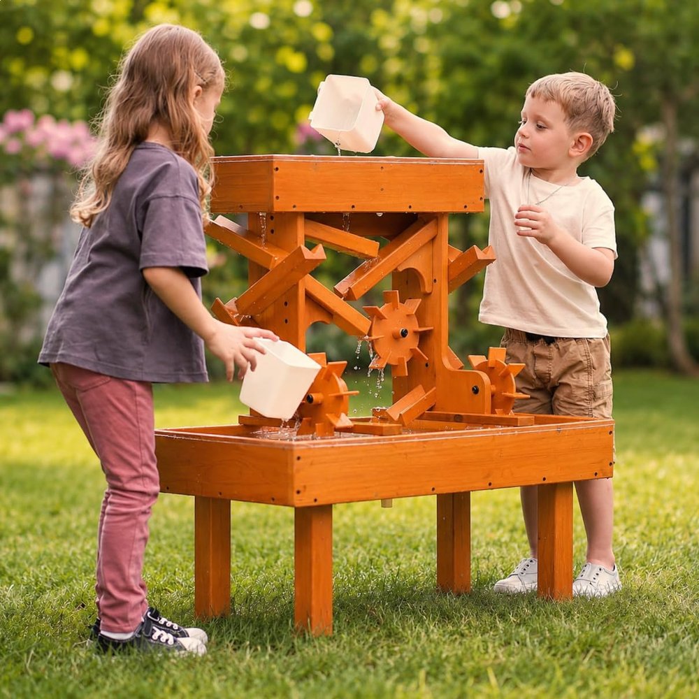 Avenlur Wooden Water Table for Toddlers Outdoor Sensory Play Table with Buckets & Drain Plug, Montessori STEM Water Activity Table for Kids Backyard Patio Garden, Natural Wood Water Play Station