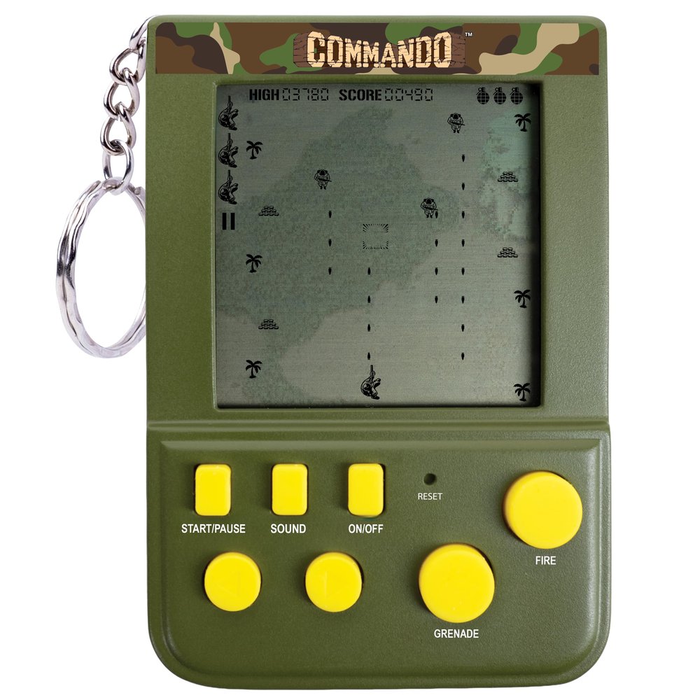 Commando Keyring Handheld Arcade Game - Retro Mini Portable Handheld Commando Game. LCD Screen Original Gameplay & Sounds. Retro Gaming Arcade Classic. Pocket Key Ring Game.