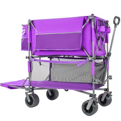 Heavy-Duty Double-Layer Collapsible Wagon with All-Terrain Wheels and Reliable Brake System for Outdoor Transport, Camping, Sports, and More (Purple + Steel)