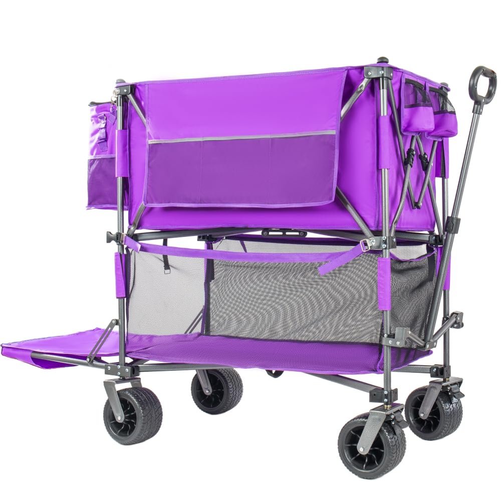 Heavy-Duty Double-Layer Collapsible Wagon with All-Terrain Wheels and Reliable Brake System for Outdoor Transport, Camping, Sports, and More (Purple + Steel)