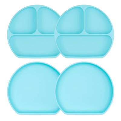 Bumkins Toddler and Baby Suction Plates, Silicone Divided Grip Dishes for Babies and Kids, Baby Led Weaning, Children Supplies, Non Skid Bottom, Platinum Silicone, 6 Months Up, Blue 4-pack
