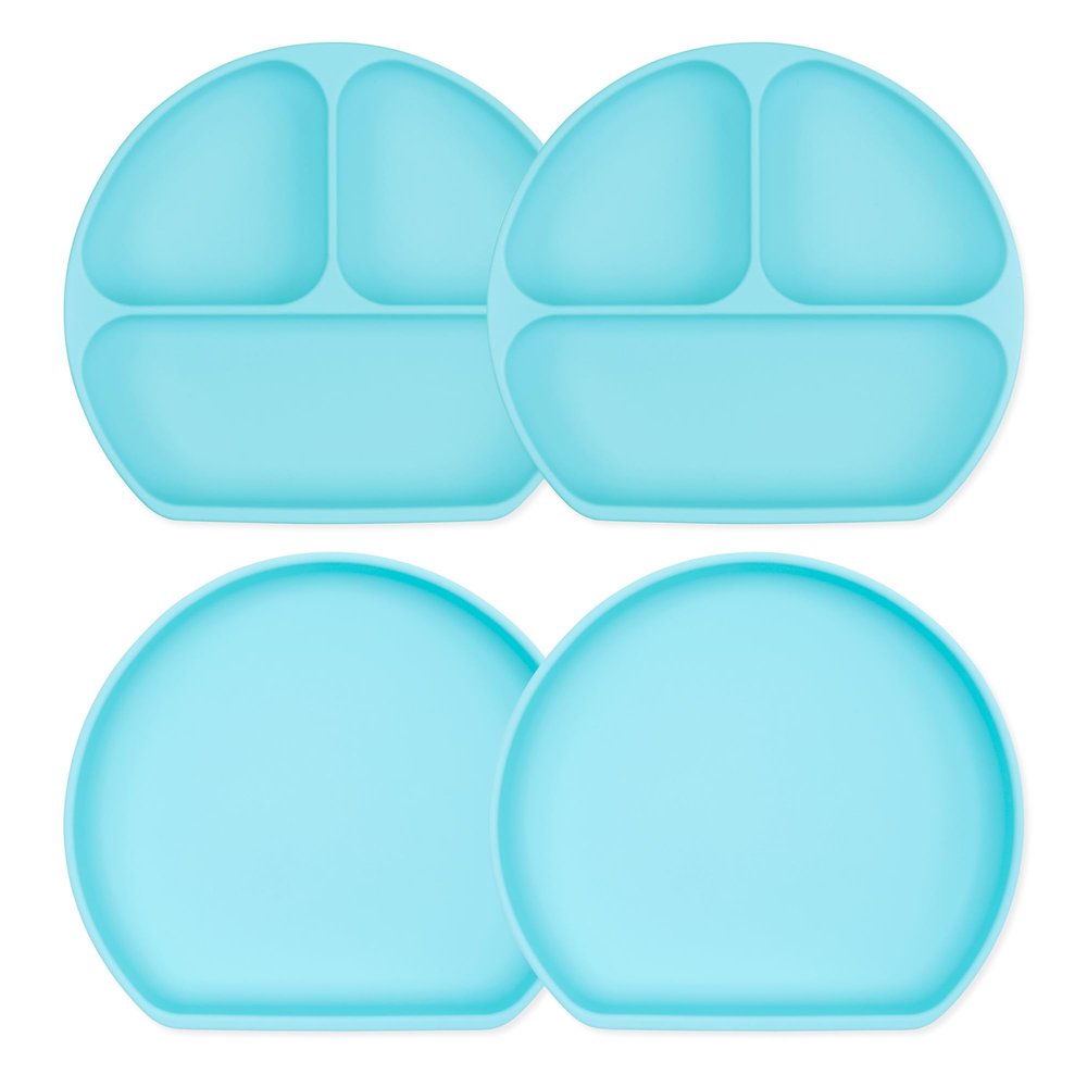 Bumkins Toddler and Baby Suction Plates, Silicone Divided Grip Dishes for Babies and Kids, Baby Led Weaning, Children Supplies, Non Skid Bottom, Platinum Silicone, 6 Months Up, Blue 4-pack