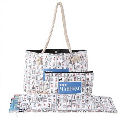 American Mahjong Bag Set 20 x13 Inch, Empty Carrying Case for Tiles with Drawstring Protective Sleeve for Pushers, Chinoiserie MahJong Tote Bag for Travel Storage, Gift for Mahjong Players (Sytle 2)