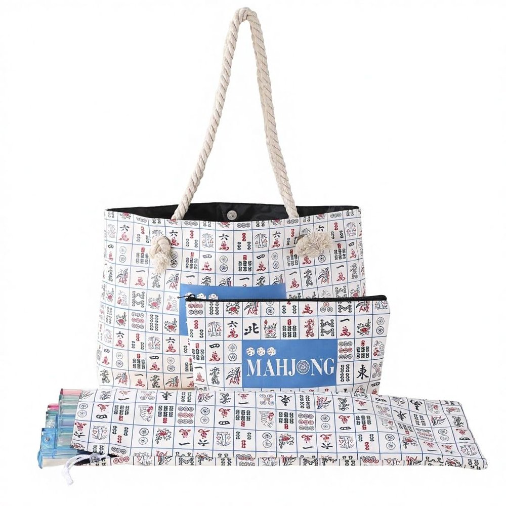 American Mahjong Bag Set 20 x13 Inch, Empty Carrying Case for Tiles with Drawstring Protective Sleeve for Pushers, Chinoiserie MahJong Tote Bag for Travel Storage, Gift for Mahjong Players (Sytle 2)