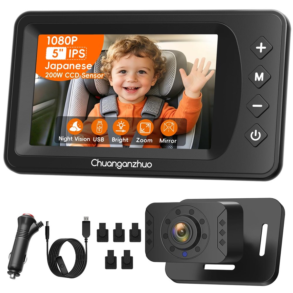 Baby Car Camera USB with No.1 Clarity , 5'' HD 1080P IPS Baby Car Monitor with 3X Zoom, Backseat/Carseat/Rear Seat Camera With Ultra Night Vision, Easy No-Damage Install, S100P(5inch Black)