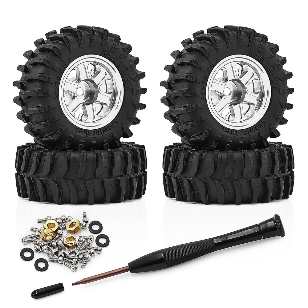 0.7 Inch RC Crawler Tires and Wheels Set 3614mm for 1/30 Scale Axial SCX30 (Silver)