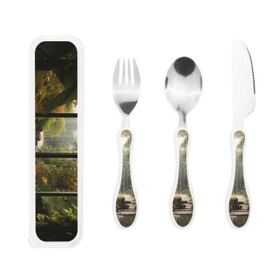 3-Piece Kids Silverware Set With Storage Case, Stainless Steel Reusable Children Safe Knife Spoon Fork Set Scenery In The Window Children Flatware Set For Kids Lunch Box