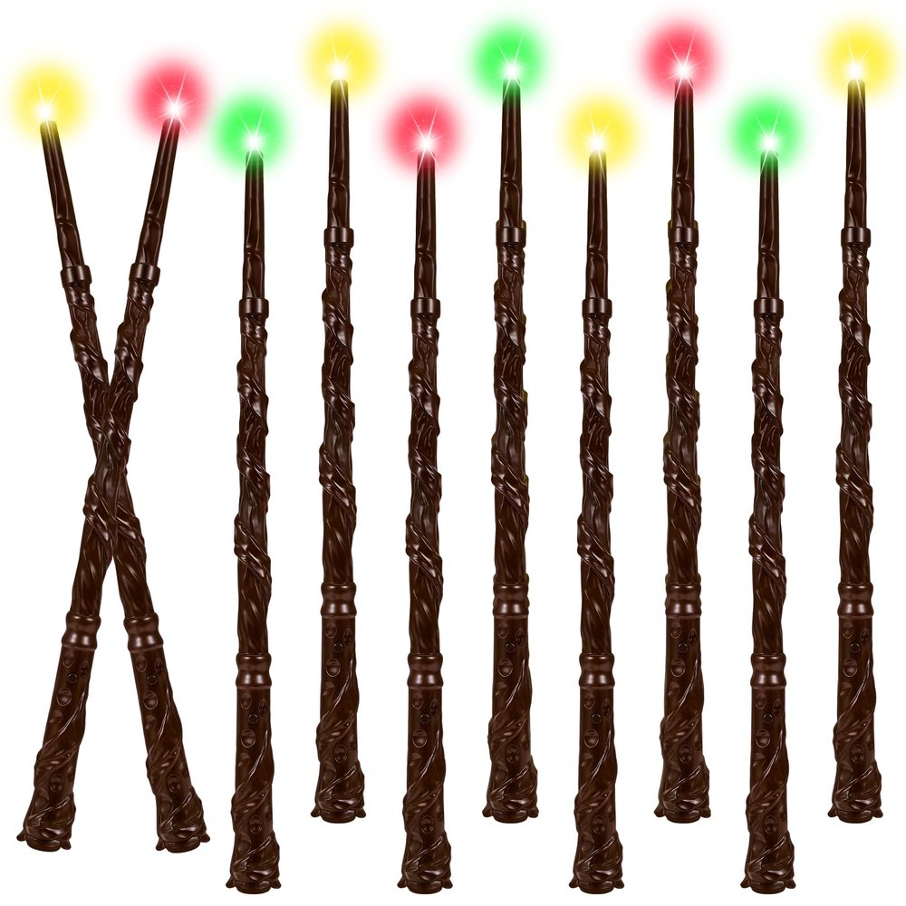 CaptainWiz Light Up Wizard Wand with Color Lights & Sounds - 10 Pack Illuminating Magic Witch Sorcerer Toy Wand Set for Kids Cosplay Birthday Party Favors, Brown