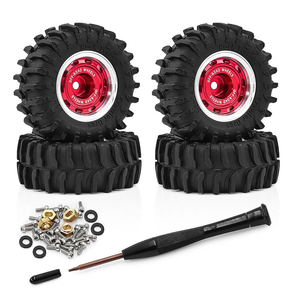 0.7 Inch RC Crawler Tires and Wheels Set 3614mm for 1/30 Scale Axial SCX30 (Red)