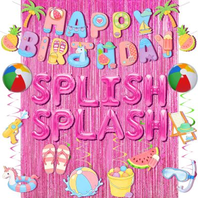32Pcs Splish Splash Birthday Decorations, Pool Beach Party Decorations Happy Birthday Banner Beach Ball Fringe Curtain Hanging Swirls for Girl Swimming Luau Tropical Hawaii Summer Birthday Bash Party Supplies