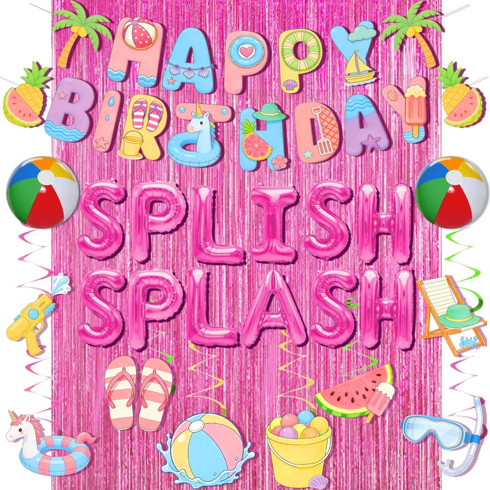 32Pcs Splish Splash Birthday Decorations, Pool Beach Party Decorations Happy Birthday Banner Beach Ball Fringe Curtain Hanging Swirls for Girl Swimming Luau Tropical Hawaii Summer Birthday Bash Party Supplies