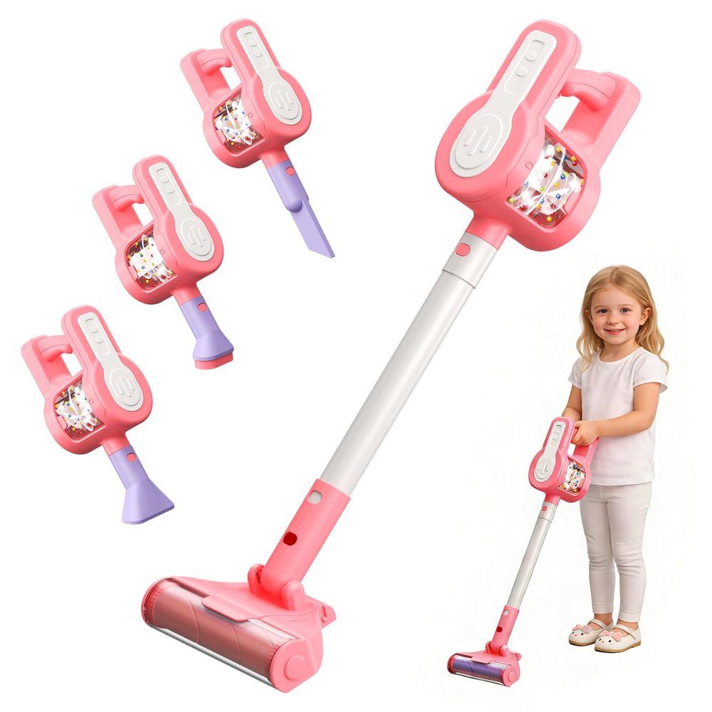 Essovee Kids Vacuum Toy, 4 in 1 Toddler Vacuum Cleaner, Role Play STEM Educational for Girl Boy 3 4 Year Old(Pink)
