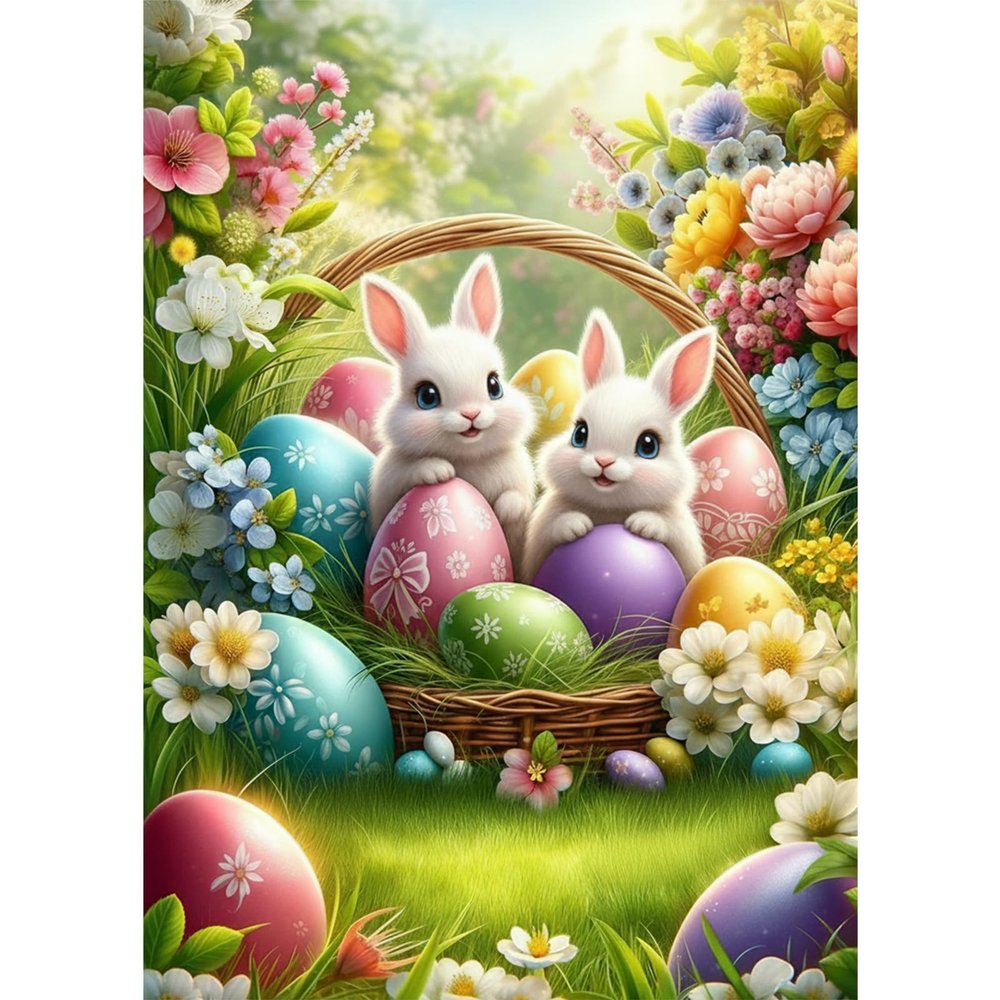 1000 Piece Jigsaw Puzzle for Adults - Cute Easter Bunnies with Colorful Eggs in Floral Basket Art Puzzle - Spring Holiday Scene - Family Game & Gift