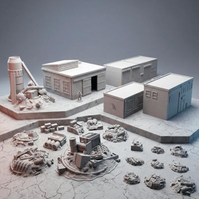 28mm Industrial Warehouse Terrain Bundle | 4 Scrapyard Buildings and 13 Junk Scatter Pieces | Unofficial Accessory Compatible with Fallout Wasteland Warfare | Unpainted Models