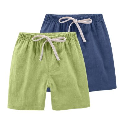 2 Pack Boys Cotton Linen Shorts Summer Casual Baggy Elastic Knee Length Bermuda Short Pants Kids Teen Drawstring High Waist Quick Dry Shorts Toddler Breathable Beach Pant,Black, Size 2-4 Years