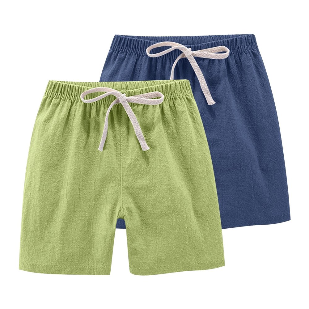 2 Pack Boys Cotton Linen Shorts Summer Casual Baggy Elastic Knee Length Bermuda Short Pants Kids Teen Drawstring High Waist Quick Dry Shorts Toddler Breathable Beach Pant,Black, Size 2-4 Years