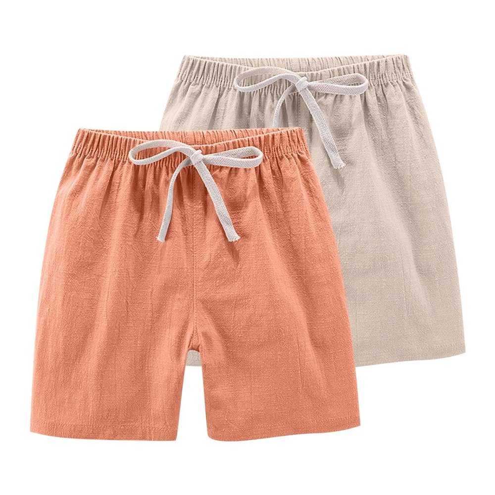 2 Pack Boys Cotton Linen Shorts Summer Casual Drawstring Knee Length Bermuda Shorts Kids Teen High Waist Elastic Baggy Quick Dry Short Pants Toddler Breathable Beach Pants,A, Size 2-3 Years