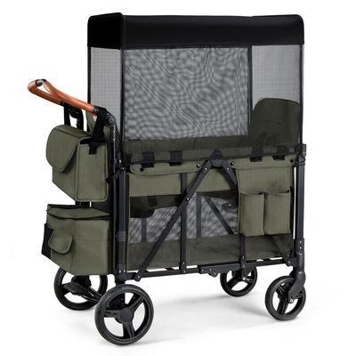 Wagon Stroller for 2 Kids, Foldable Wagon for Kids and Infants, All Terrian Wheels with Shock-Absorbing, 5 Point Harness, Removabel Canopy and Ample Storage Bag Included (Green)