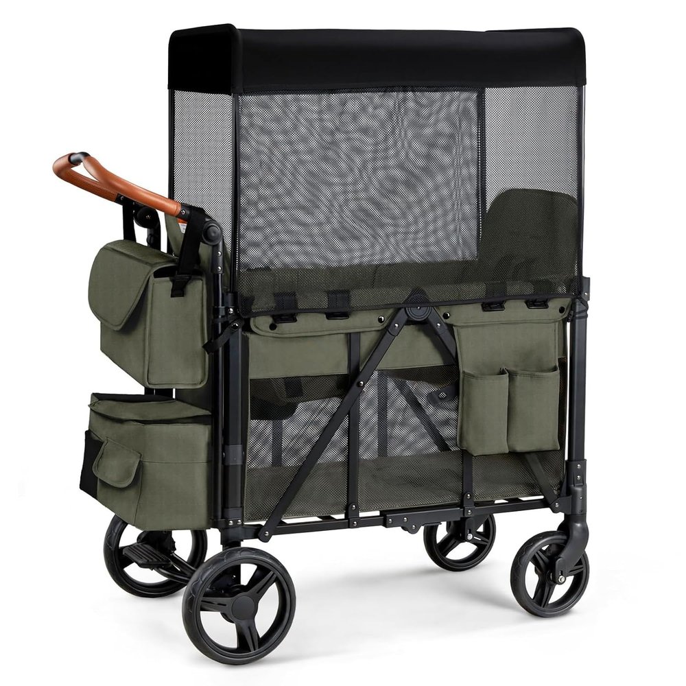 Wagon Stroller for 2 Kids, Foldable Wagon for Kids and Infants, All Terrian Wheels with Shock-Absorbing, 5 Point Harness, Removabel Canopy and Ample Storage Bag Included (Green)