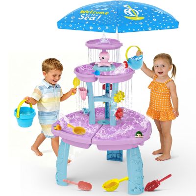 Handwell Water Table for Toddlers, 3-Tier Sand and Water Table with Umbrella & Water Toy Accessories, Rain Shower Splash Pond Water Toy, Kids Activity Sensory Playset, Summer Outdoor Toys for Girl Boy