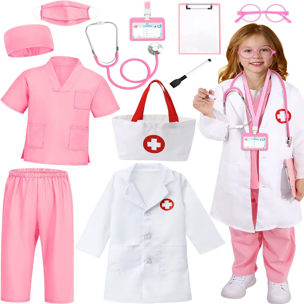 Wuclad 12 PCS Doctor Costume for Kids Scrubs with White Lab Coat/Nurse Costume for Kids Set,Career Day Costume for Boys Girls (Pink, 3-4 Years)