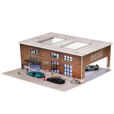 1/64 Scale Display Case Car Garage Model, Factory Building Cover Diecast Diorama Box Decorative Miniature Scene with LED Light for Toy Car Display and Storage