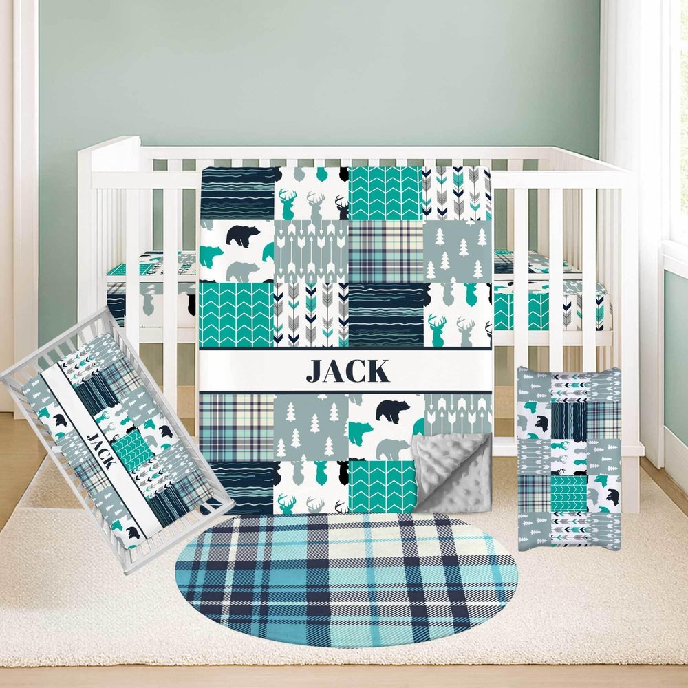 Munific Personalized Baby Crib Bedding Set Custom Name 3-Piece Nursery Set Including Blanket, Fitted Crib Sheet & Changing Pad Cover Ideal Newborn Gift for Boys, Woodland Deer Bear