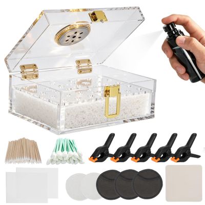Card Cleaning & Flattening Kit, Complete TCG Restoration Kit with Acrylic Humidor, Flattening Plates, Spring Clamps and Care & Cleaning Supplies for Trading Card Restoration and Improved Card Grading