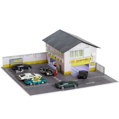 1/64 Scale Display Case Car Garage Model, Morimoto Factory Cover Diecast Diorama Box Decorative Miniature Scene with LED Light 5 Parking Spaces for Toy Car Display and Storage