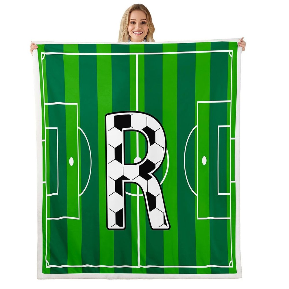 Erosebridal Boys Soccer Blanket Baby Size, 3D Football Playground Throw Blanket for Sofa Couch,Personalized Initial R Fleece Blankets Sports Games Sherpa Flannel
