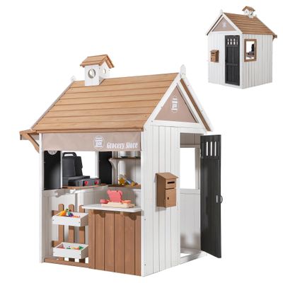 BTMWAY Kids Playhouse Outdoor, 2-in-1 Grocery Store & BBQ Grill Station, Premium Cedar Wooden Childrens Backyard Play House for Age 3-5 with Cash Register, Mailbox & Velcro Cutting Play Food Set