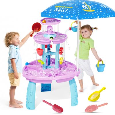 maysida 2026 Water Table Toys for Toddlers 1-3 3-5 with Umbrella, 3-Tier Kids Outdoor Water Tables Toy, Beach Summer Water Toy, Splash Sand Waters for Kids, Purple&Blue