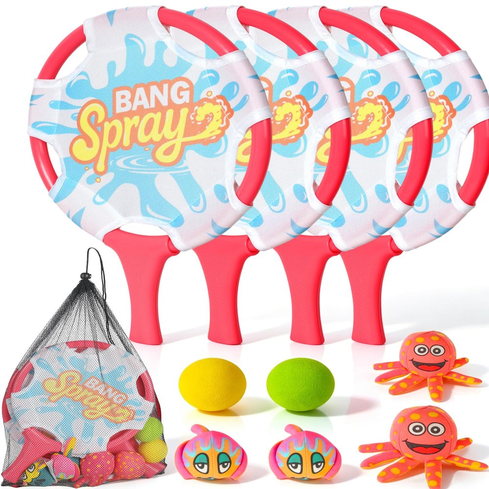 Water Paddle Toss Game for Kids & Family, Floating Beach Paddle Game with 4 Paddles, 4 Animal-Shaped Balls and 2 Round Balls, Pool Beach Toys for Kids, Indoor Outdoor Catch Game for Yard Lawn Sand