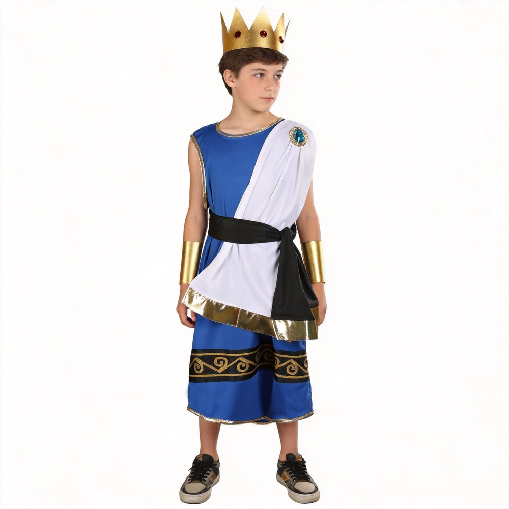 Boys Greek God Costume Set: Robe with classic blue & white color block, golden crown, and arm cuffs. (5-6Y)